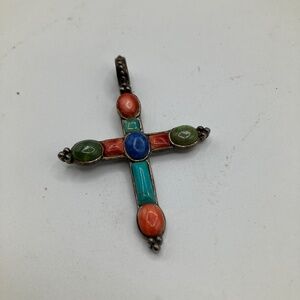 Vintage cross pendant multi-stone sterling silver coral turquoise lapis lazuli